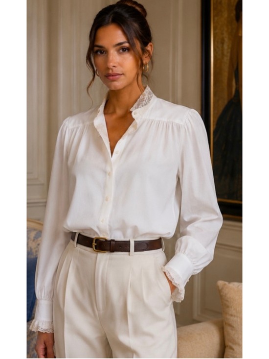 Ralph Lauren Tops - Ralph Lauren White Lace-Trim Blouse, Size 8 Vintage Doen Inspired